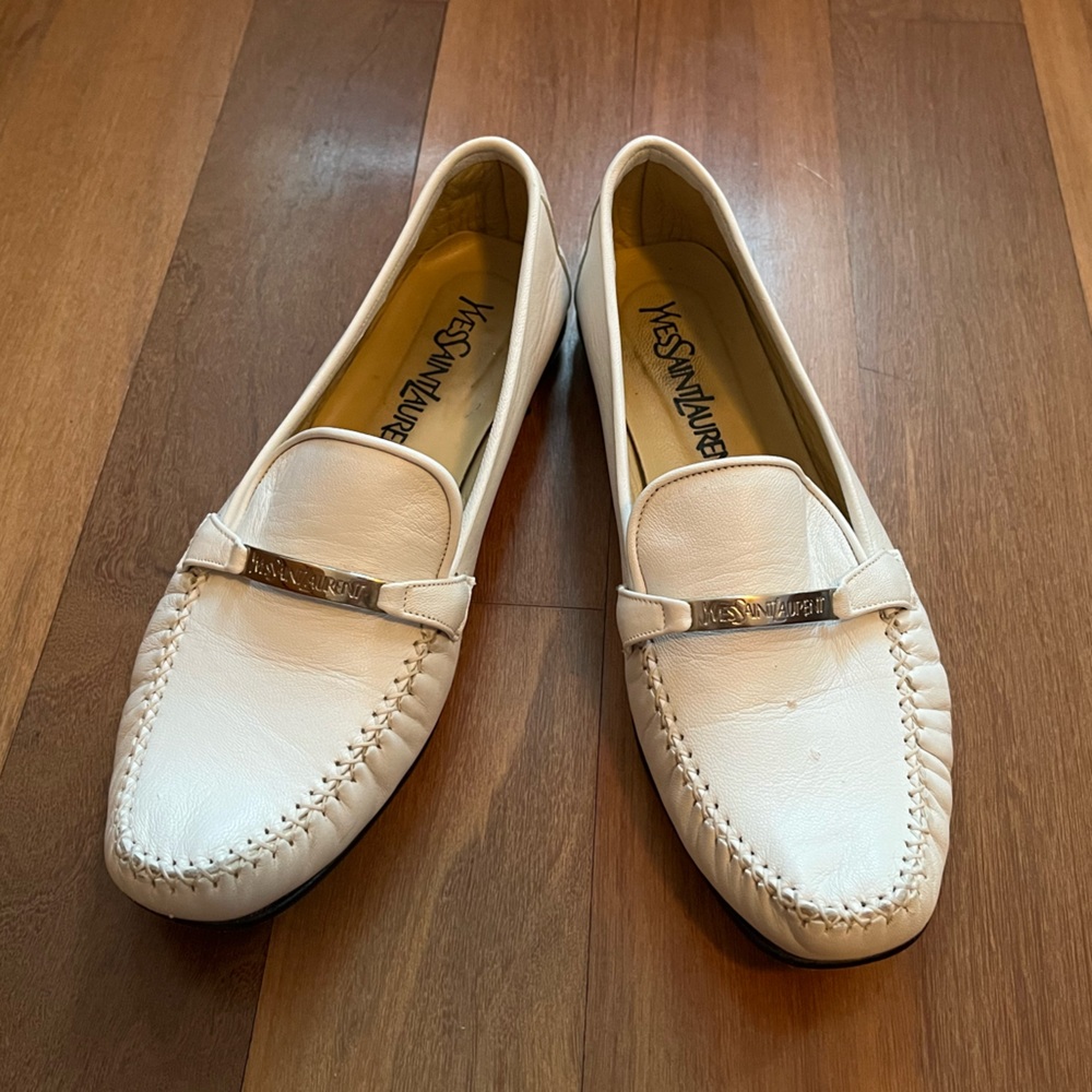 YSL white leather loafers